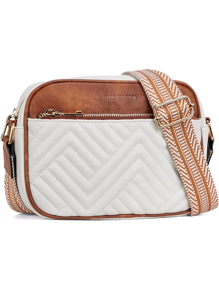Bostanten Women's Beige Brown Leather Purse Quilted Crossbody Vegan Shoulder Bag